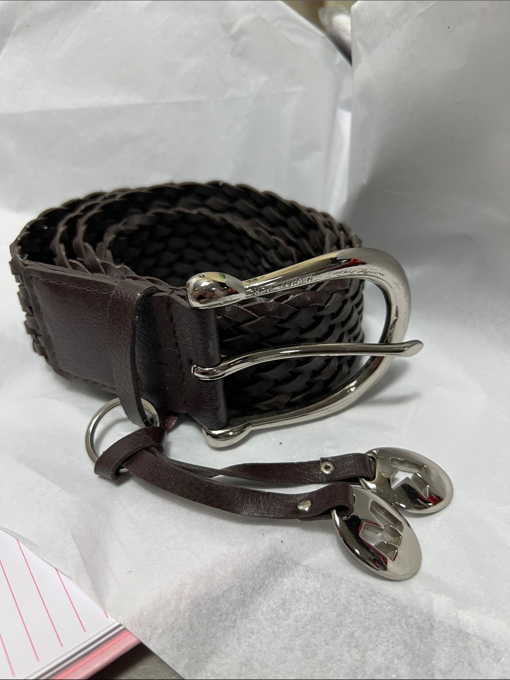 Michael Michael Kors brown braided wide belt with silvertone buckle and charm XL